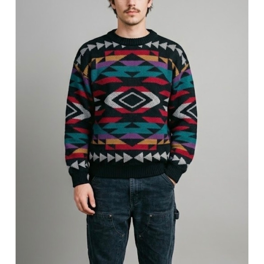 Vintage Michael Gerald 90s Cosby Sweater Mens XL Geometric Southwestern Black